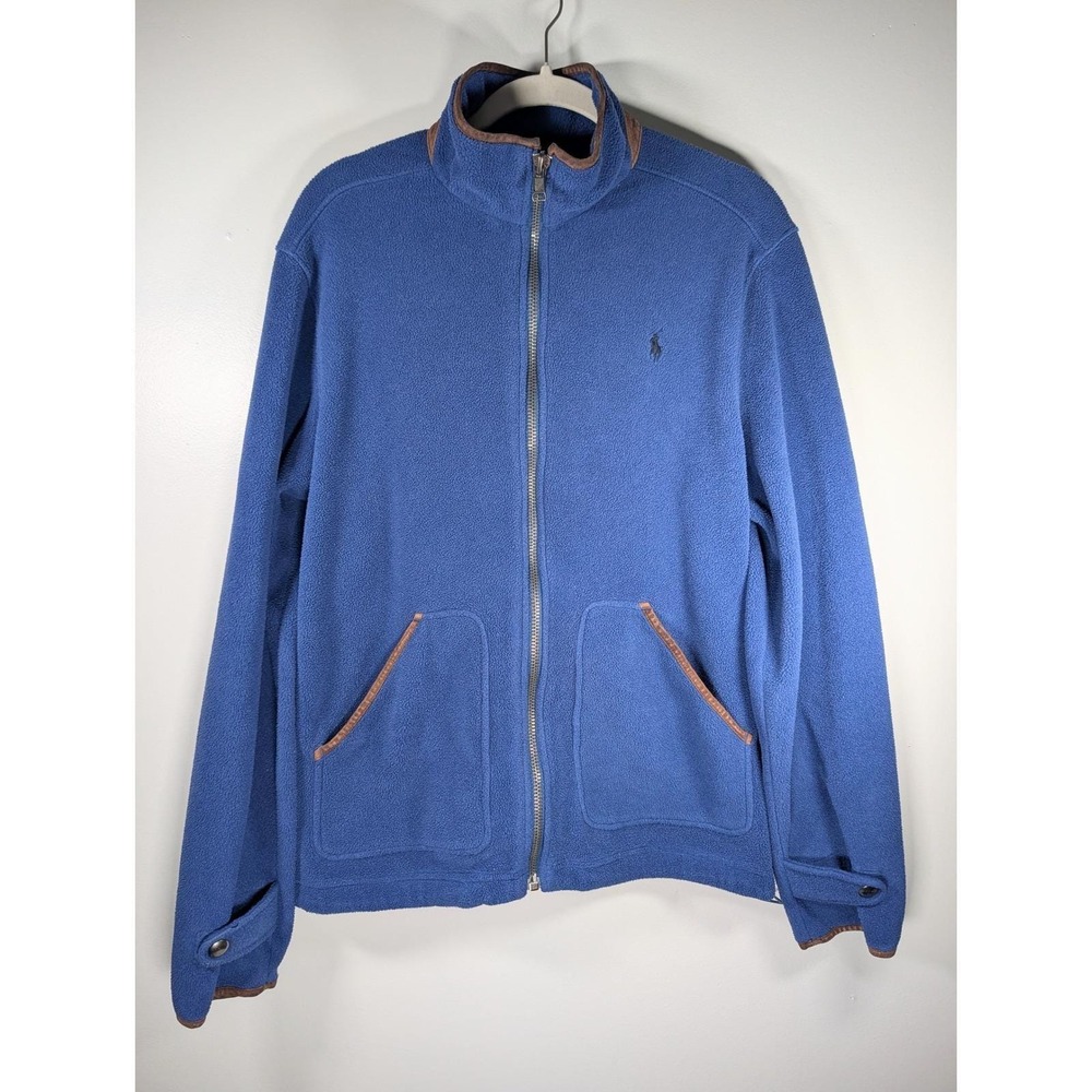 Vintage Polo Golf Ralph Lauren Blue Fleece Jacket Leather Trim Full Zip Mens L